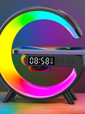 3in 1 Wireless Charger for Phone with RGB Color Changing Night Light & Wireless Speaker Alarm Clock Desk Lamp Qi for iPhone for Android for Samsung Mood Lighting USB Port Adjustable Brightness Bedside Lamp Ambient Light Snooze Function black