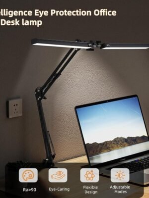 Led Desk Lamp with Clamp 24W Desk Lamps for Home Office Desk Lamp with Touch Function and Wireless Remote Control and Nemory Function 5 Dimming Design Double Head Black