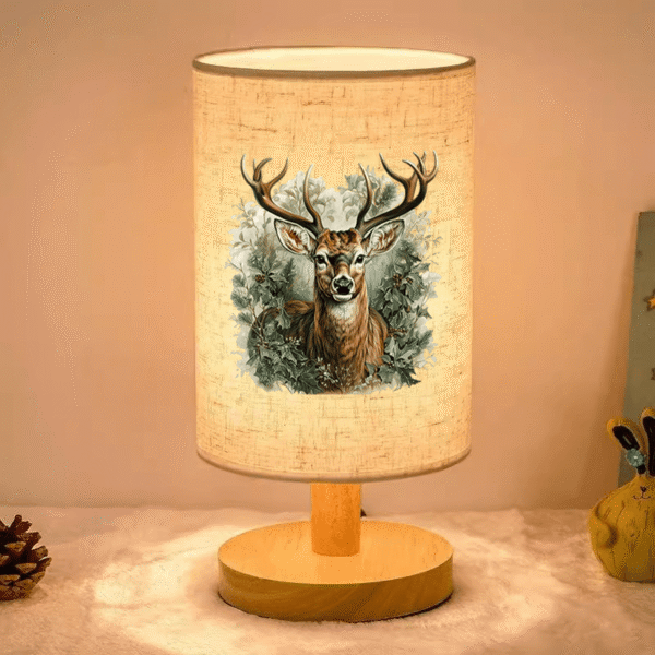 Forest Deer Print Atmosphere Bedside Lamp, LED Light for Bedroom and Dormitory, Indoor LED Lamp with Cloth Shade, Powered by USB - No Battery Required - Suitable for Home and Office Use, Perfect Gift