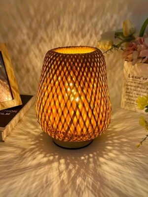 A Handcrafted Bamboo Woven LED Table Lamp with a Natural Wooden Base - a Bedside Night Light That Protects Your Eyes, Suitable for Reading And Vintage Decor, Powered by USB, Featuring Three Color Temperature Adjustments, Perfect As a Holiday Gift